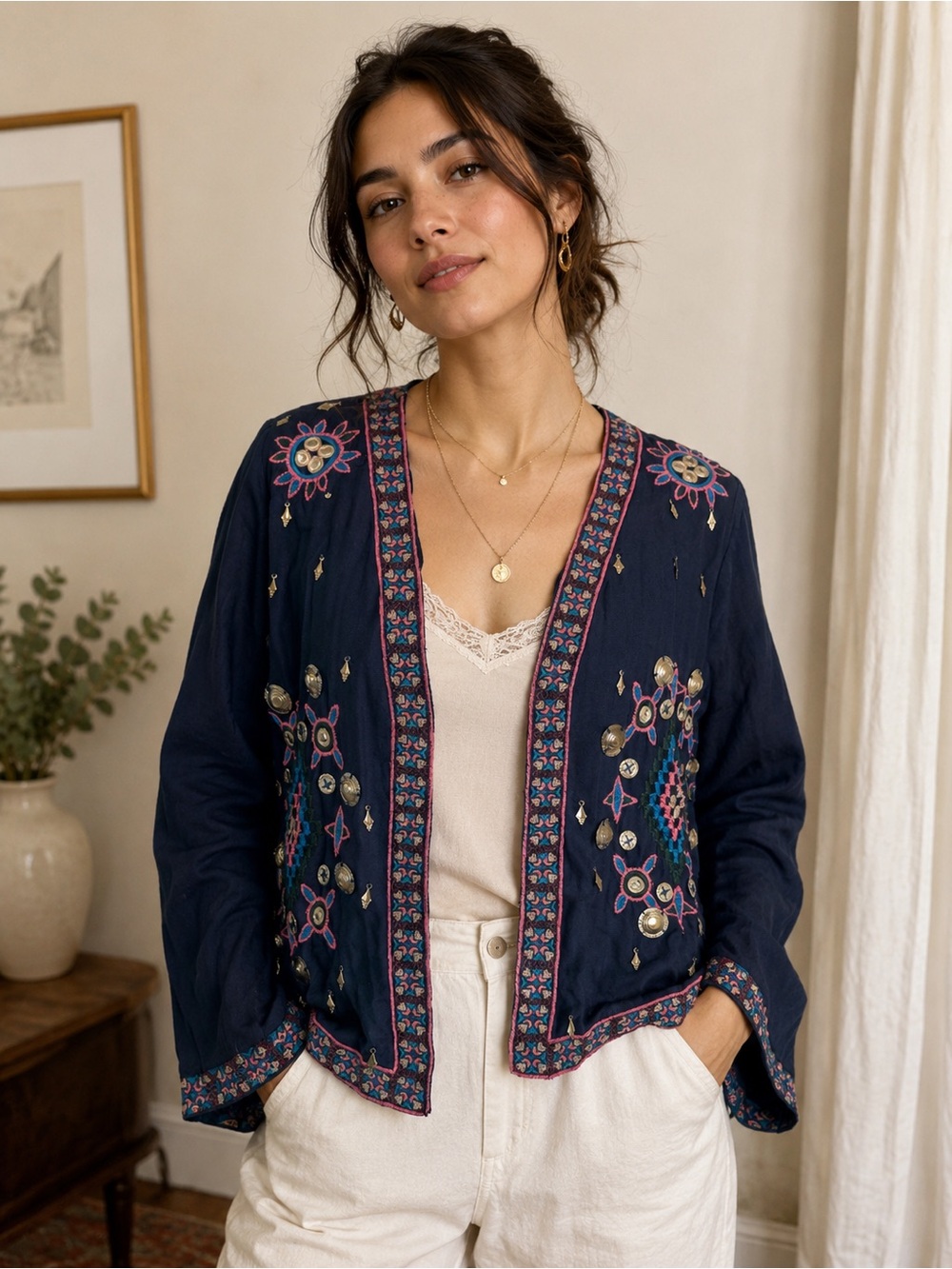 RAGA Navy Embroidered Open-Front Shrug with Multicolor Accents